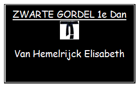 Tekstvak: ZWARTE GORDEL 1e Dan     

Van Hemelrijck Elisabeth    

